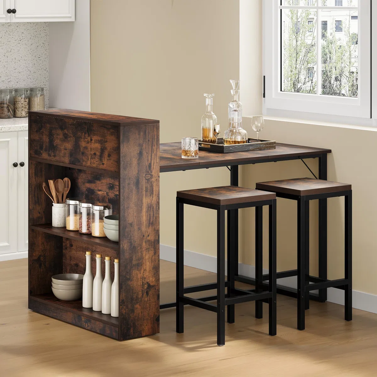 YITAHOME Esstisch mit Ablageflächen, 130 x 77,4 x 75/95 cm, stabiles Metallgestell, Industriestil, für Wohnzimmer, Küche, Rustikales Braun und Schwarz