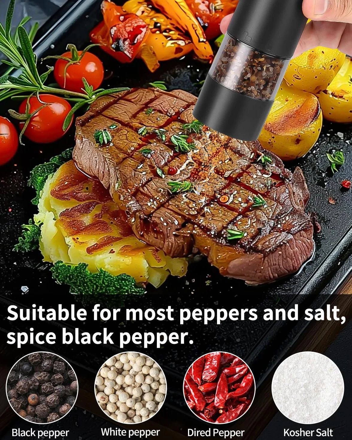 2er Set Salz und Pfeffer Mühle Elektrisch Salz und Pfeffermühlen Set Automatische Pfeffermühle, Einstellbarer Grobheit Gewürzmühle, mit Reinigungsbürste, Basis, für BBQ Restaurant Küche
