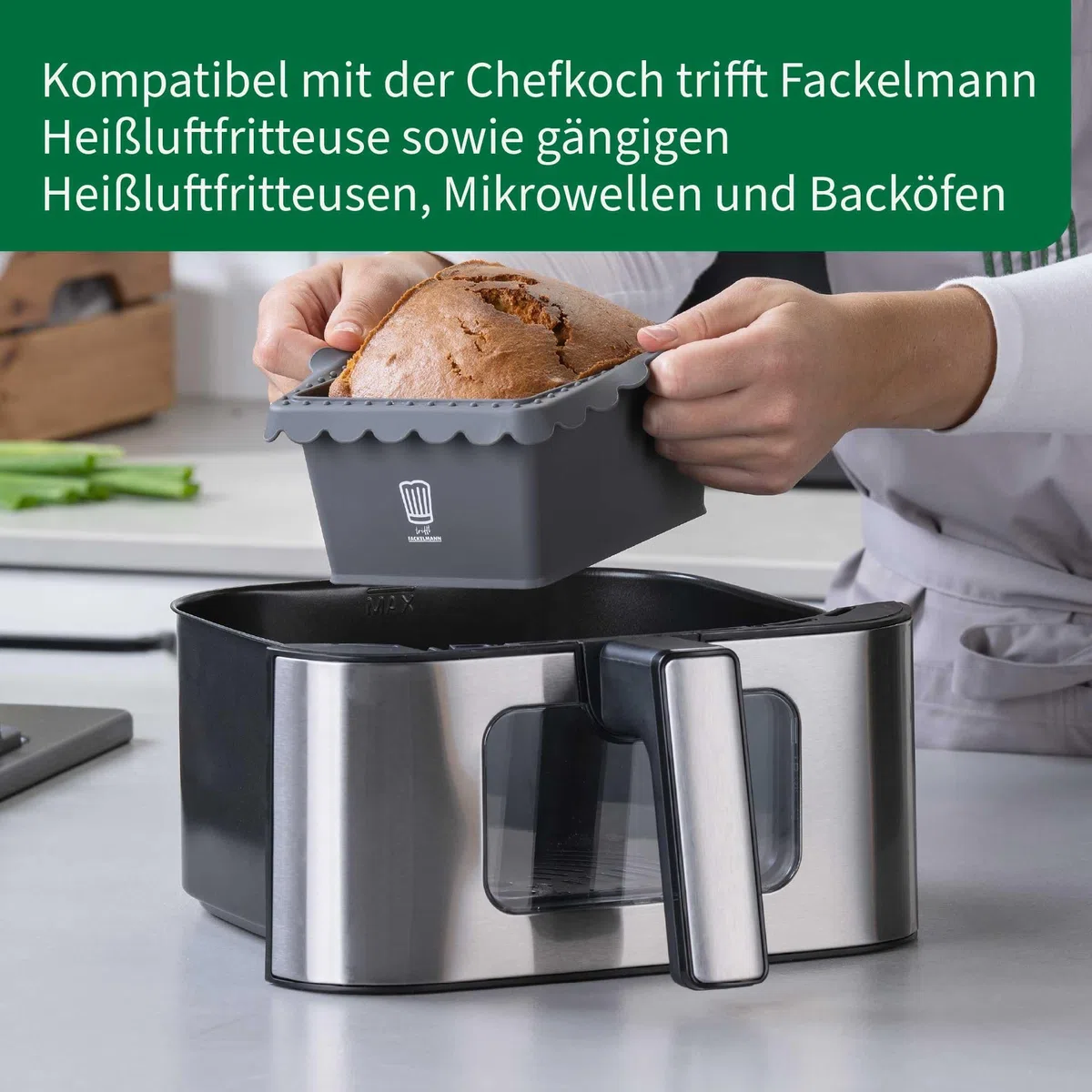 FACKELMANN Chefkoch trifft Mini-Kastenform für Heißluftfritteuse und Backofen – Ideal für Brot und Kuchen, Silikonform für Airfryer, Dunkelgrau, 17x13x7,5 cm, für 500g Teig geeignet