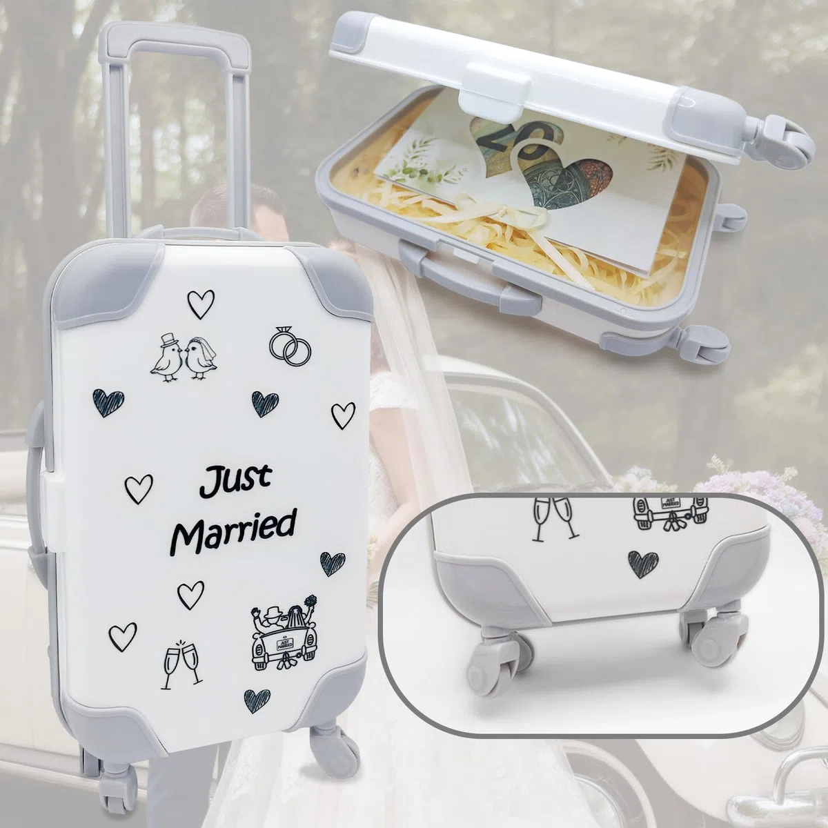 Dumeher Geldgeschenk Hochzeit Trolley Koffer Geldkoffer “Just Married” Hochzeitsgeschenke für Brautpaar Geldgeschenke Verpackung mit Geschenkbox und Geld Hochzeitskarte
