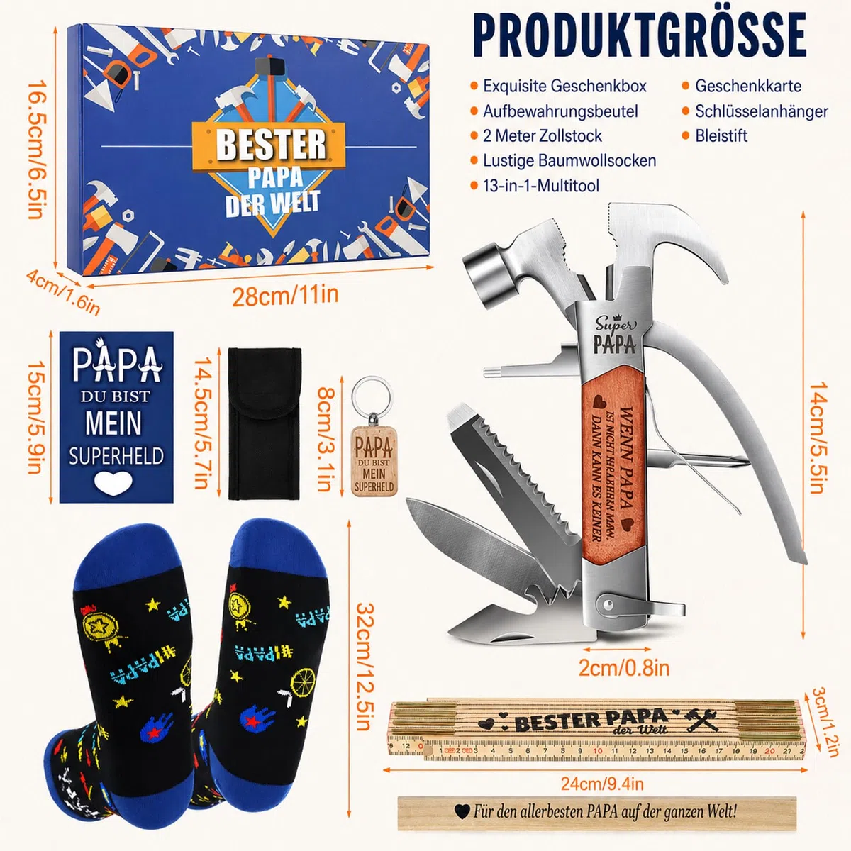 Bester Papa Geschenkset mit 13-in-1 Multitool und personalisiertem Zollstock, Vatertagsgeschenk für Papa mit Socken, Schlüsselanhänger und Karte