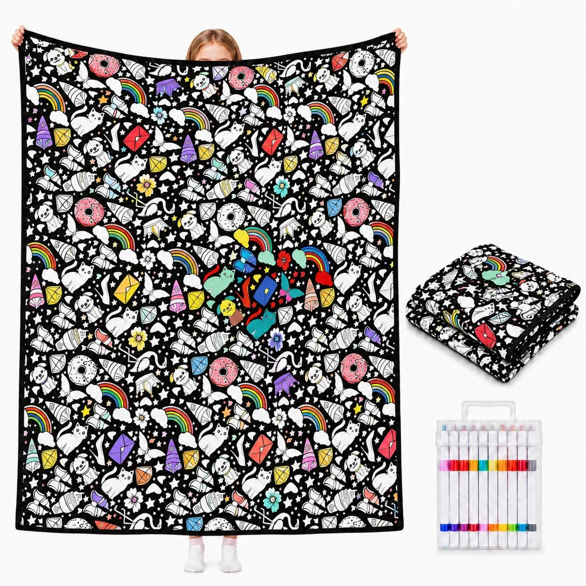 VEELU DIY Maldecke Decke zum Ausmalen mit 24 Stoffmalstiften, Decke zum Bemalen Erwachsene, Maldecke zum Ausmalen 150 x 115 cm, Kreative Geschenk für Familie & Freunde