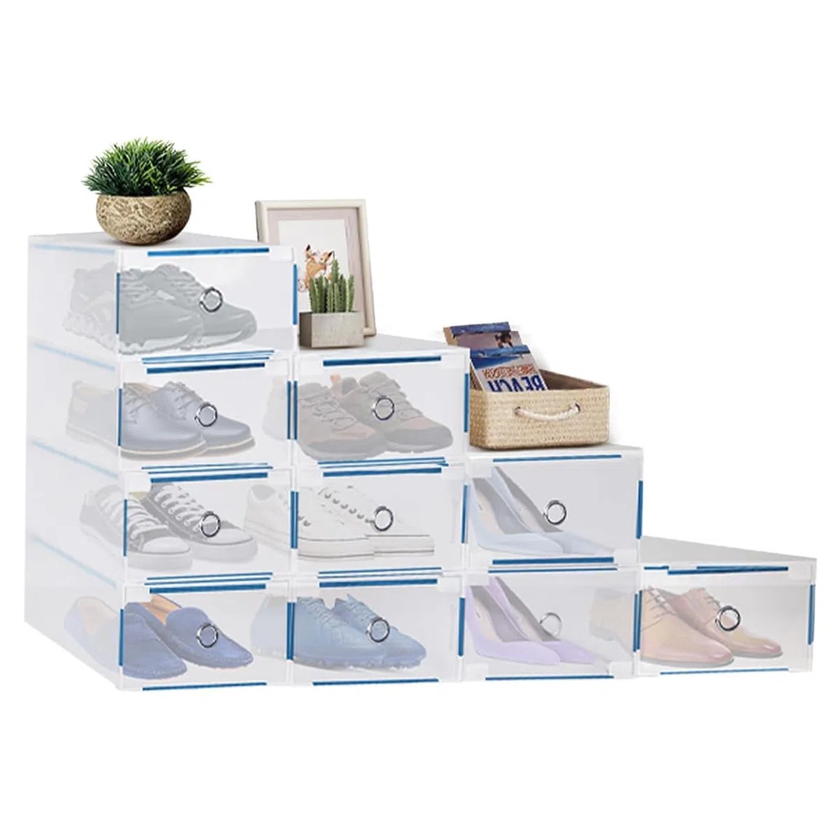 Youyijia 10 Stück Schuhboxen - Stapelbare Schuh Organizer aus Transparentem Kunststoff mit Schubladen - DIY Schuhschachteln für Platzsparende Aufbewahrung - 28x18x10cm