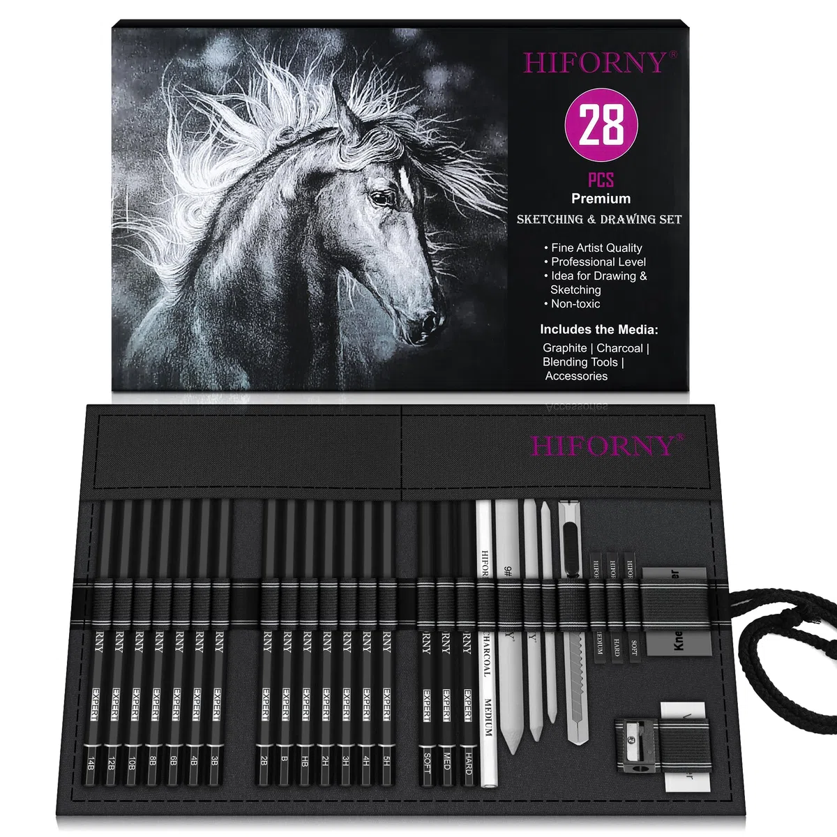 HIFORNY 28-teiliges Skizzierstifte-Set, Skizzenstifte, Kunstzubehör mit Graphit, Anthrazit, Mischwerkzeuge, Zubehör, Zeichenset für Erwachsene, Künstler in Rolltasche auf Leinwand