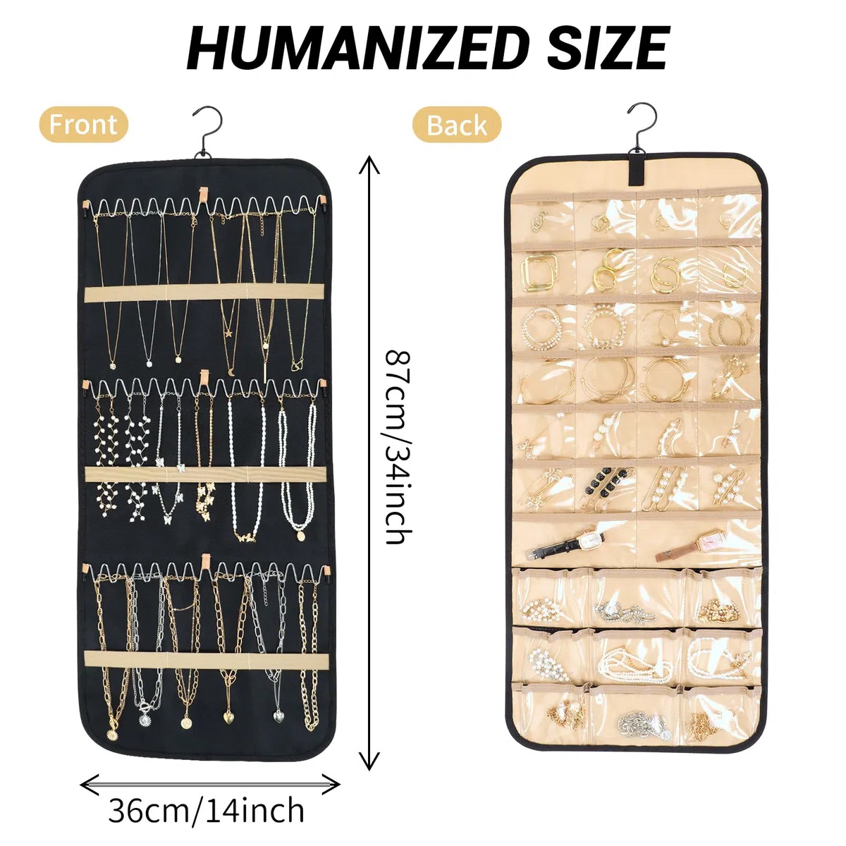 Oudizz Schmuckaufbewahrung Doppelseitige mit Metallhaken, Schmuck Organizer Hängend, Schmuckorganizer zum Aufhängen, Ketten Aufbewahrung Hanging Schmuckhalter Wand Tür für Ohrringe Ringe
