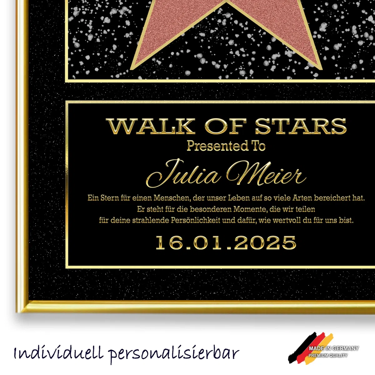 DUOMIO HOLLYWOOD Walk of Fame Stern, personalisierte Urkunde optional mit Rahmen | 3 Größen, Design, Thema, Text, Hintergrundfarbe frei-wählbar| Premium-Papier-Druck| Geschenke Mann/Frau