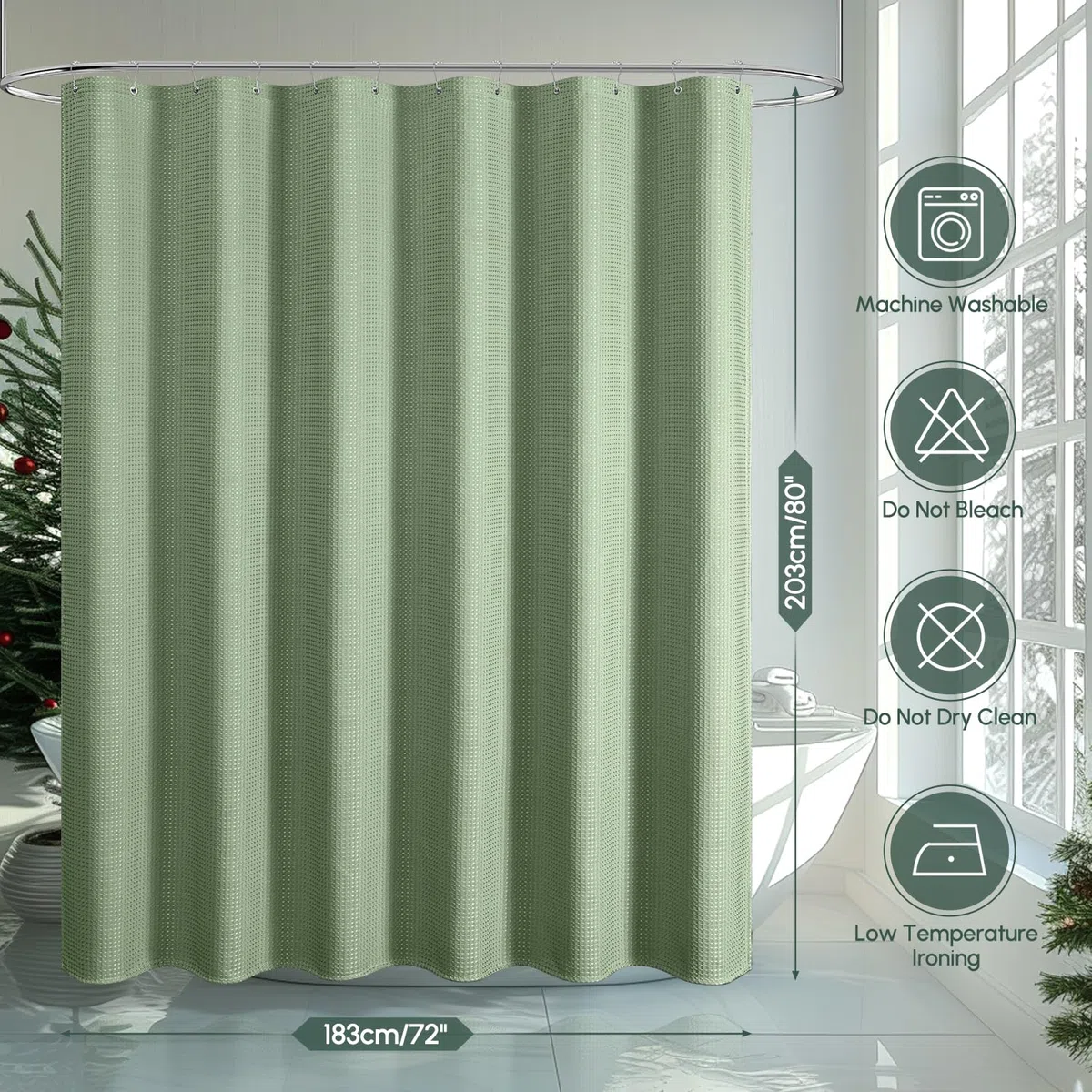 WELTRXE Waffel-Duschvorhang 180 x 200 cm, Anti-Schimmel-Duschvorhang-Set, wasserdichter Stoff-Badewannenvorhang mit 12 Edelstahlhaken, für Dusche und Badewanne, Salbeigrün
