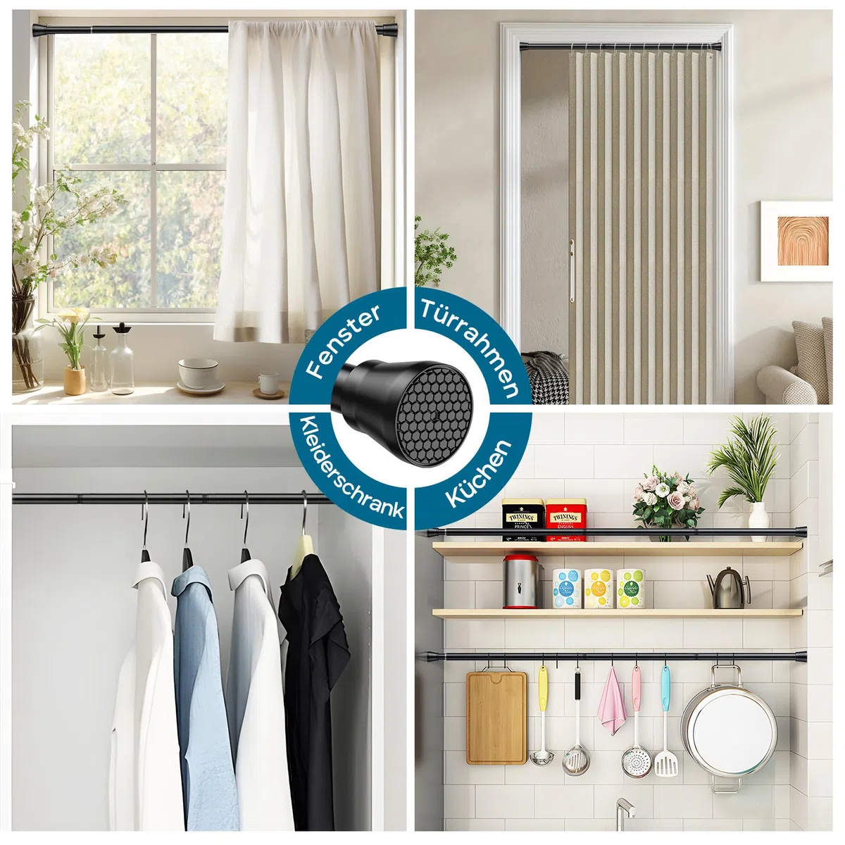 AIZESI 2 Stück Gardinenstange ohne Bohren 75-163cm, verstellbare Duschvorhangstange Ø 22mm, rutschfeste Teleskopstange für Fenster, Badezimmer & Kleiderschrank (Schwarz)