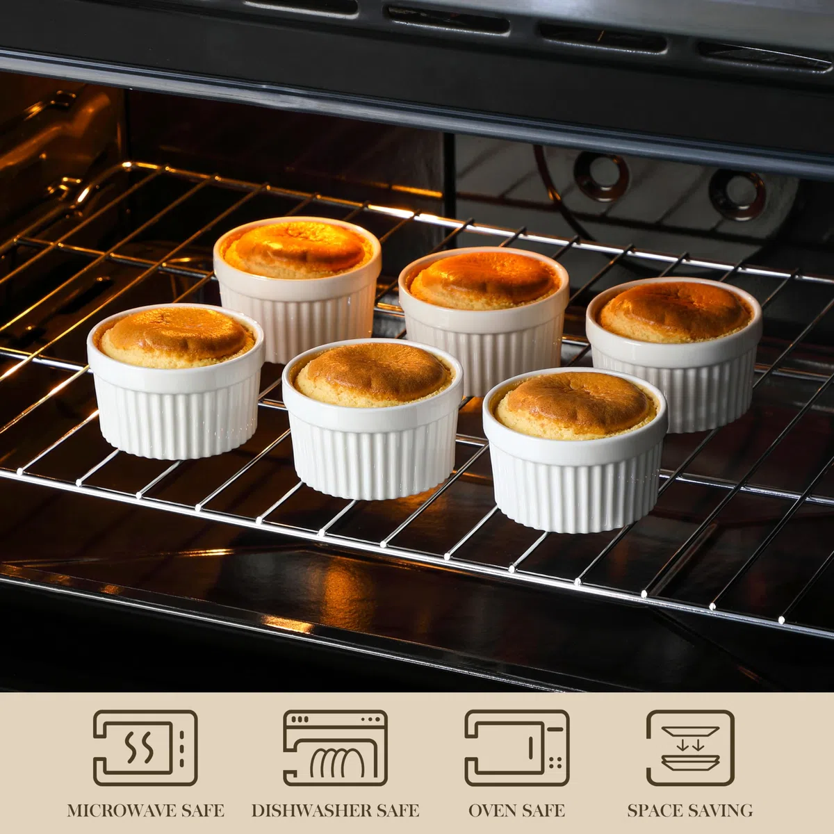 MALACASA, Serie Ramekin, Creme Brulee Schälchen 6er Set, 200ml Souffle Förmchen zum Backen, Souffleeförmchen Backofenfest, Ofenfeste Creme Brulee Schalen, Mini Auflaufform 9,4x5,1cm Weiß