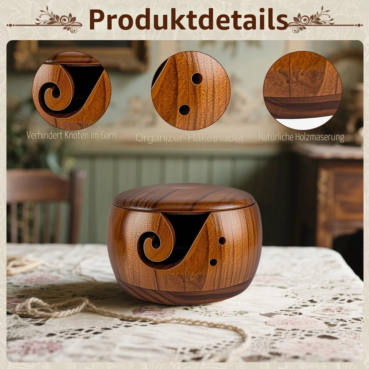 Garnaufbewahrung, 5,9'' Garnschale aus Holz, Garnschale mit Deckel, Tragbarer Holzgarnschale für Strick und Häkelprojekte, Organizer aus Wolle, Strickschalenhalter,garnschale für wolle
