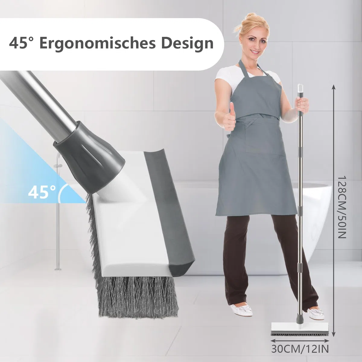 Mitclear Boden-Scheuerbürste mit Stiel(128cm), Schrubber Terrasse mit steife Borsten & Gummiabzieher, Terrassenreiniger, Scheuerbürste für die Reinigung von Fliesen, Balkon, Küche, Bad, Dusche, Garage