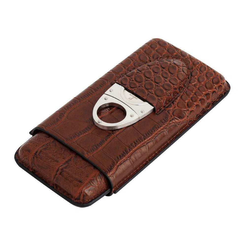 PIPITA Zigarrenetui aus Leder, 3 Tubes Zigarren Humidore aus Krokodile Getreide Leder Zigarrenschneider aus Edelstahl inkl.Tragbare Reise-Zigarrentasche Zigarren Etui (Braun für 3 Zigarren)