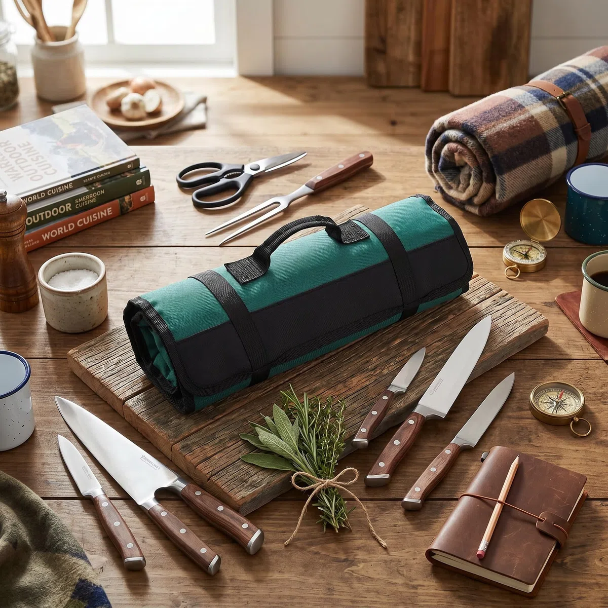 Küchenutensilien-Rolltasche, 20 Fach Messerrolltasche Kochmesser Tasche Messerbeutel mit strapazierfähigem Canvas und doppelter Naht, für Küche Reisen Camping (GREEN)