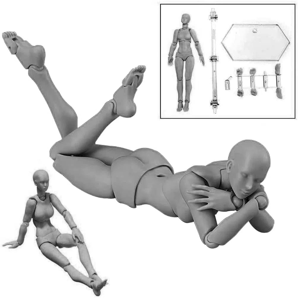 Body Kun Puppe, Künstler-Schaufensterpuppe, Blockkopf, Gelenk-Mannequin, Zeichenfiguren für Figurmodell, männlich und weiblich, Set (Grau)