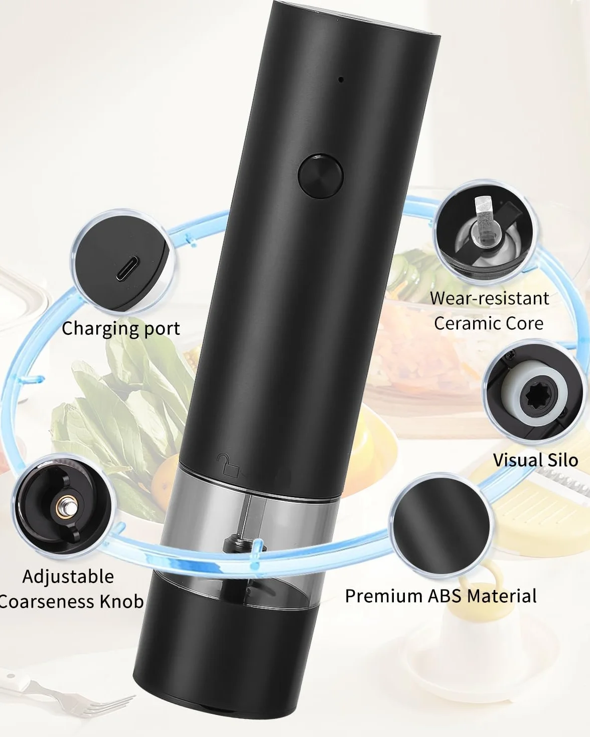 2er Set Salz und Pfeffer Mühle Elektrisch Salz und Pfeffermühlen Set Automatische Pfeffermühle, Einstellbarer Grobheit Gewürzmühle, mit Reinigungsbürste, Basis, für BBQ Restaurant Küche