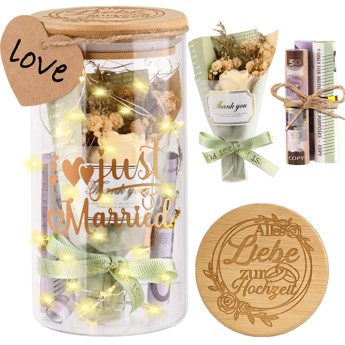 Hochzeitsgeschenke für Brautpaar, Alles Liebe zur Hochzeit, LED Flaschenlicht, Hochzeitsgeschenk Geld mit Trockenblumen, Anhänger und LED-Leuchten, Geldgeschenke Hochzeit Verpackung, Just Married