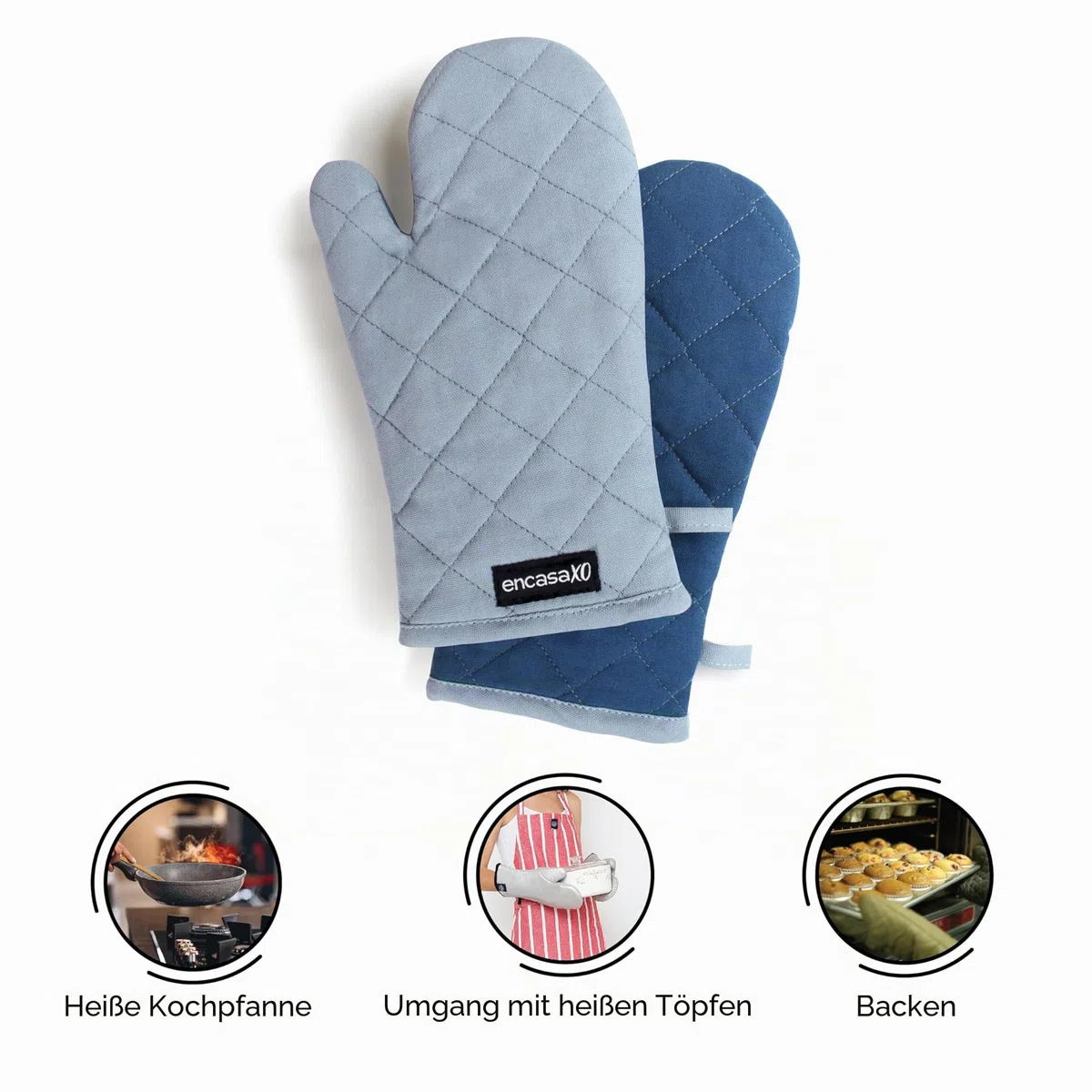 Encasa XO Extralange 17x29 cm Backofen-Mikrowellen-Handschuhe Handschuhe (2 Stück) für die Küche - Silikon-Silber hitzebeständig - schützt die Hände vor heißer Ausrüstung - B Grau & Kobaltblau