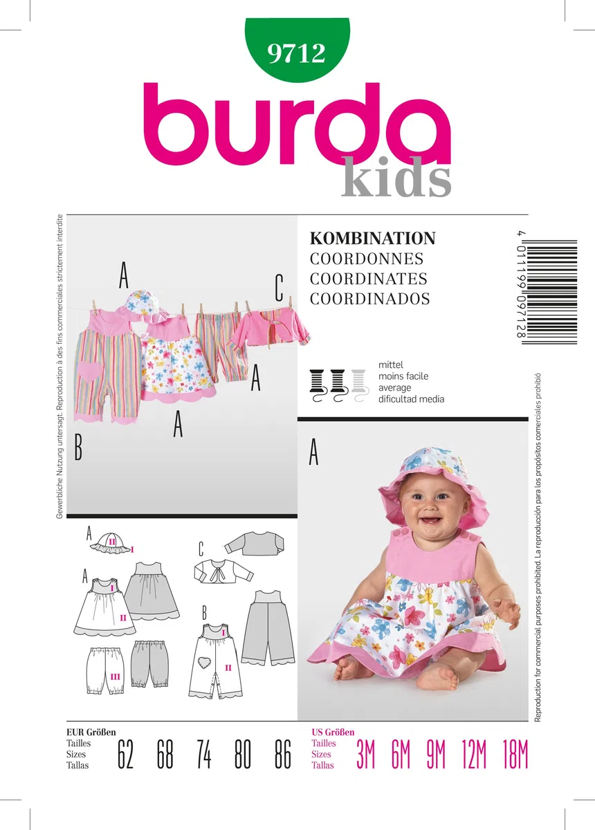 burda Schnittmuster Babys Overall, Kleid, Hose, Jacke, Hut 9712 Gr. 62-80