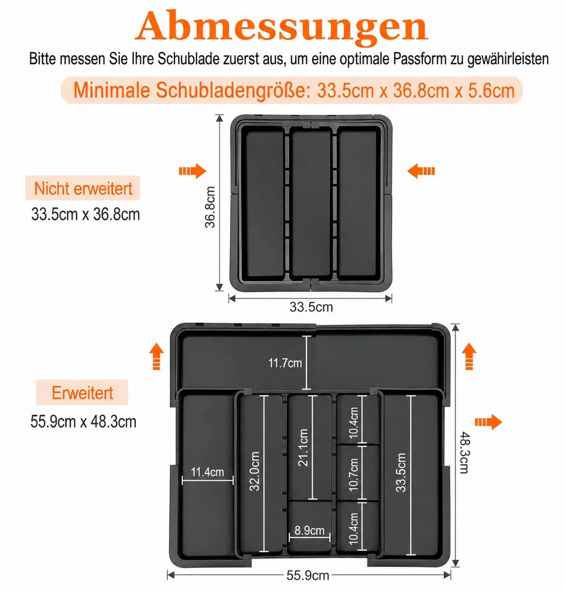 Besteckkasten für Schubladen, Besteckeinsatz Schubladen Organizer Küche, rutschfest & wasserdicht, BPA-frei,6 große Fächer platzsparend & erweiterbar 33.5*36.8 bis 48.2*55.8 cm, robust & hochwertig