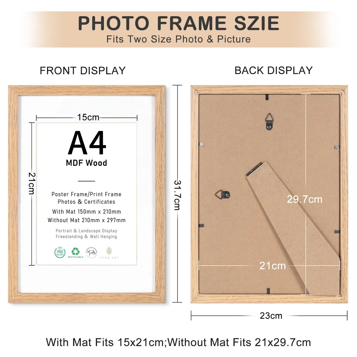 Bilderrahmen A4 MDF Holz Natur,3er Set 21x29.7cm Fotorahmen,DIN A4 Rahmen mit Acrylglas, Picture Frame 21x30 zum Aufhängen, 30x21 Holzrahmen mit Passepartout für A5 Dokumente,Zertifikate,Fotos,Poster