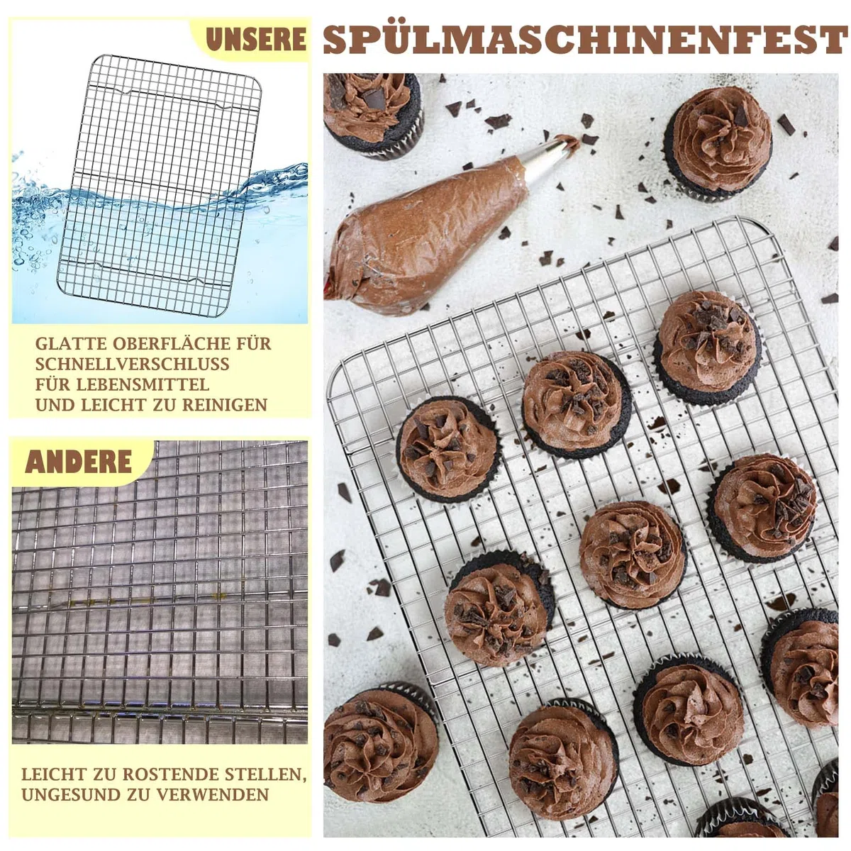 TEAMFAR Abkühlgitter, Rechteckig Edelstahl Kuchengitter Auskühlgitter, 2 Stück Mehrweg Backgitter für Backen Grillen Kühlen, 38,9cm*28,5cm*2cm, Gesund & Langlebig, Spülmaschinenfest
