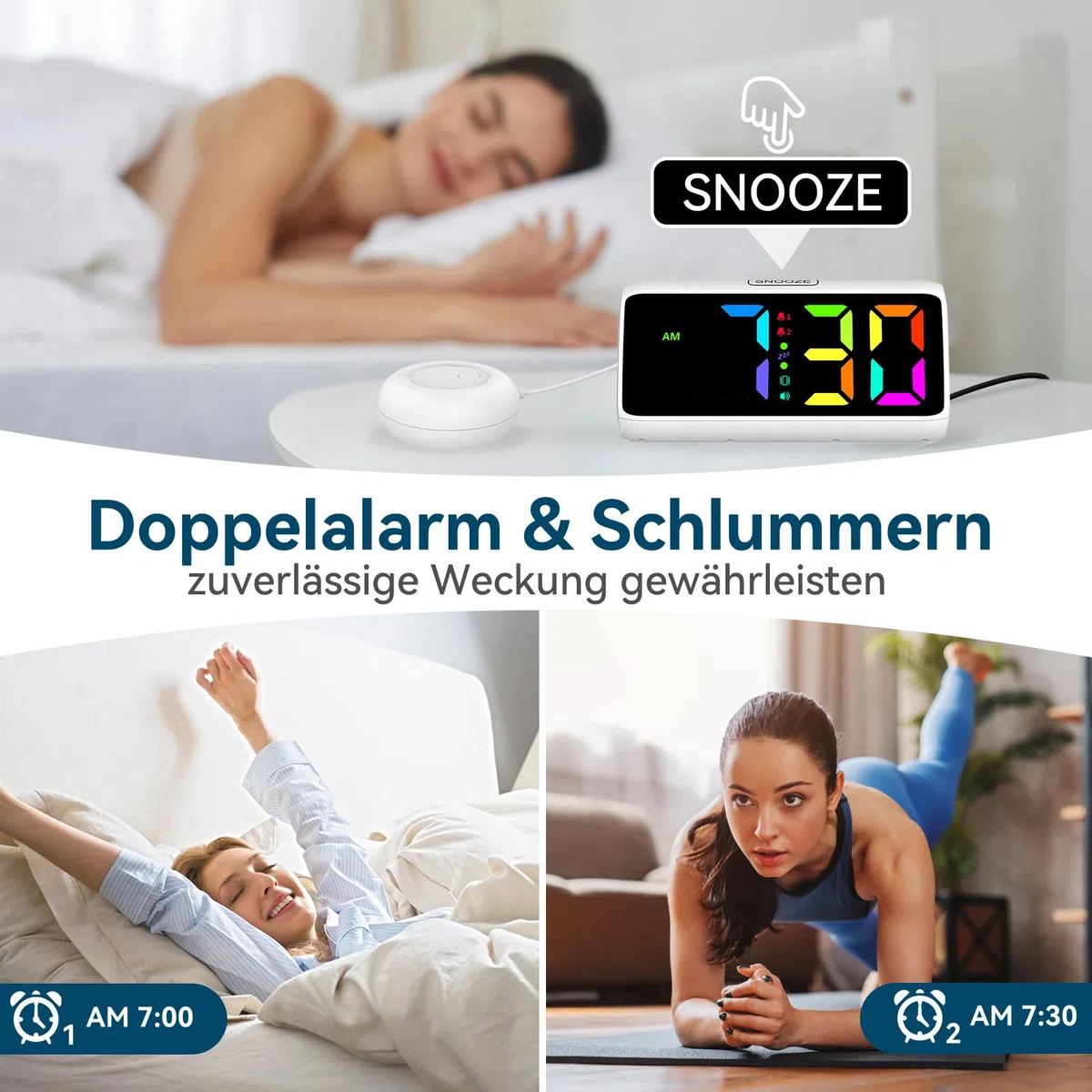 Wecker Laut für Tiefschläfer, Lauter Wecker mit Vibration, Doppelalarm, RGB-Anzeige, 5 Helligkeitsstufen, 4 Lautstärken, Snooze, Vibrationswecker für ältere Menschen Teenager Gehörlose Hörgeschädigte