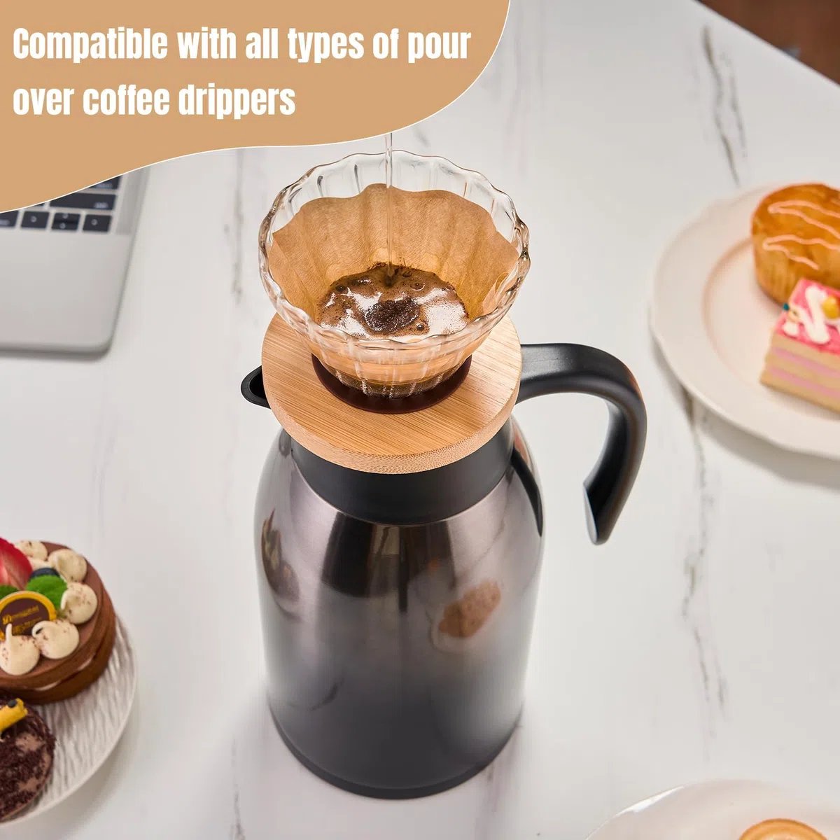 PARACITY 2L Isolierte Kaffeekanne aus Edelstahl, Zum Warmhalten, Doppelwandig Vakuumisoliert, Für Kaffee und Tee, Zuhause und Büro (schwarz)