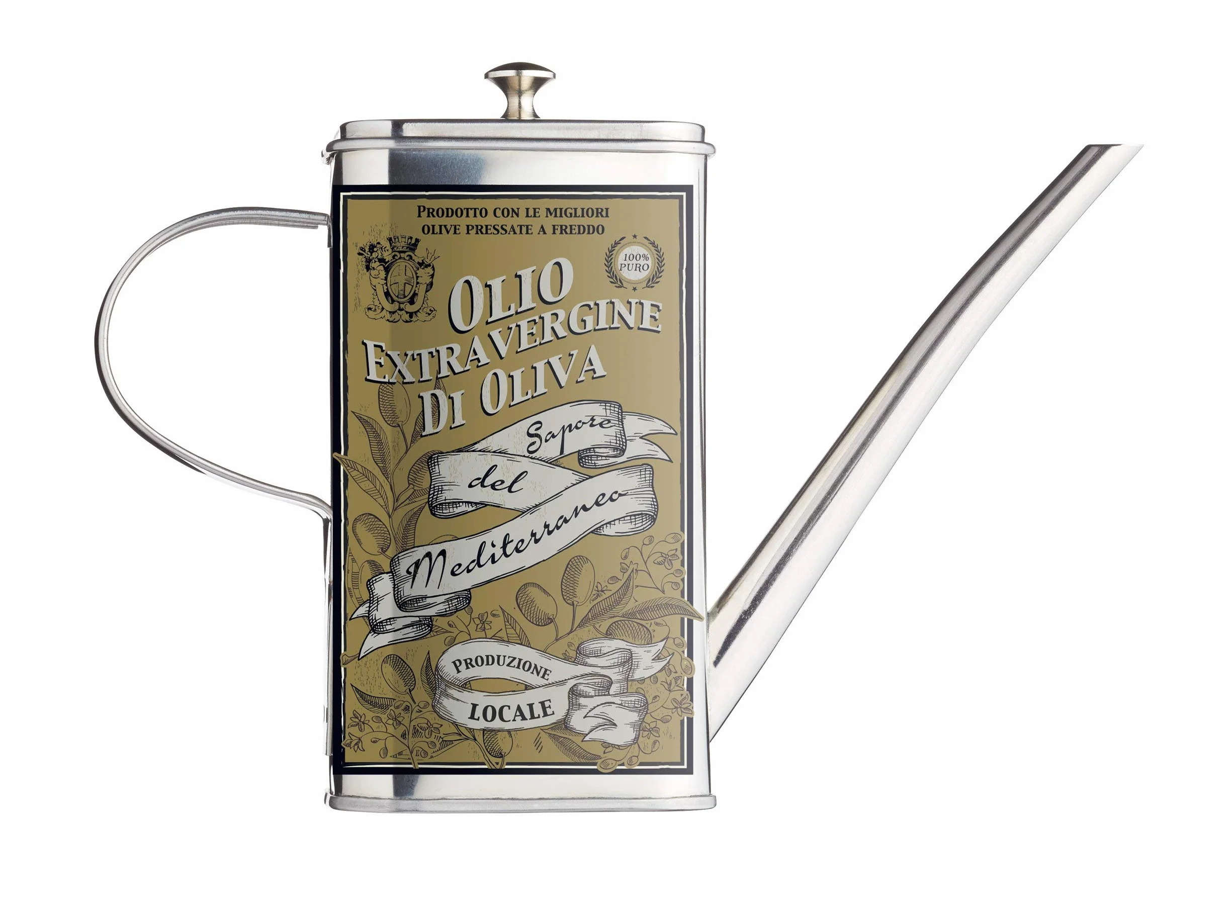 KitchenCraft World of Flavours Olivenölspender, Kanne mit Ausgießer, Edelstahl, mit Vintage Motiven, 500 ml Volumen