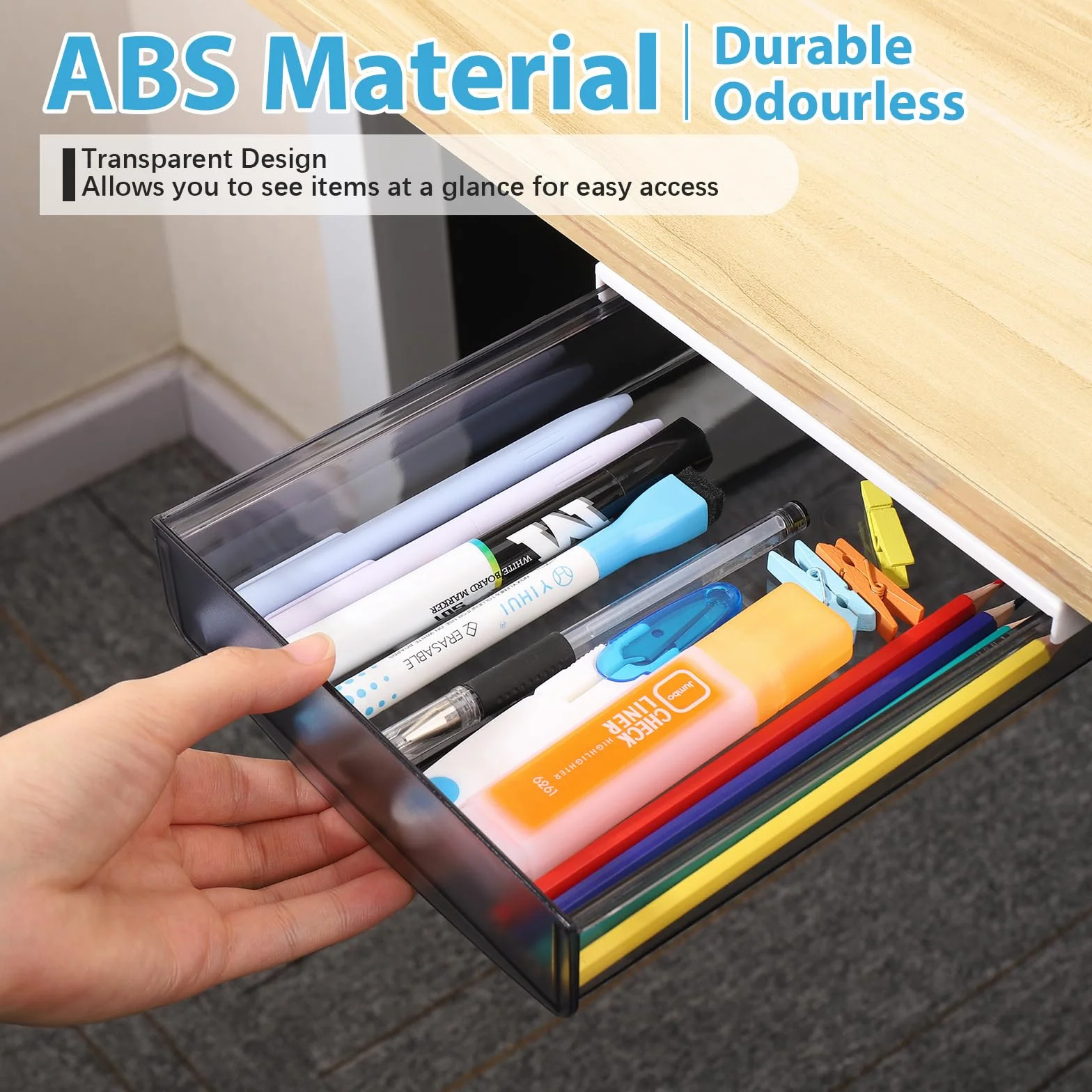 Fentar Schublade unter dem Schreibtisch, transparenter ABS, 2 Stück, ohne Perforation, langlebig, Klebstoff, Aufbewahrung von Schreibtisch