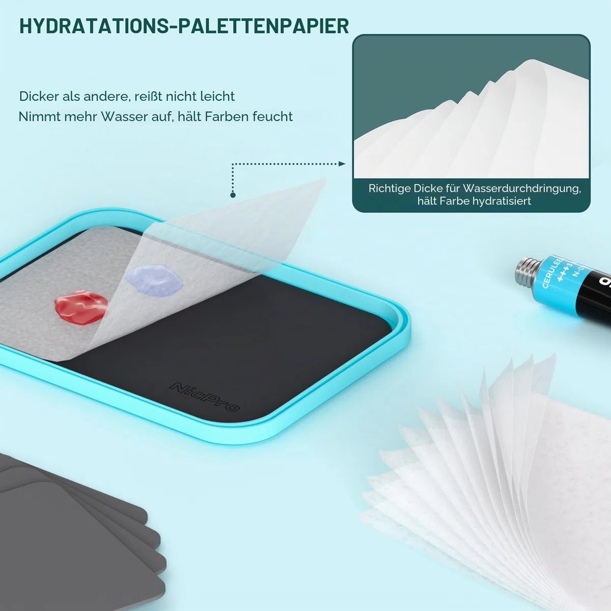 Nicpro Wet Palette für Mischpalette Acrylfarben, Farbtablett Nasspalette mit 100 Stück Palettenpapier, 4 Stück Schwämmen, Pinselhalter Farbmisch Aufbewahrung für Modellfarbe, DIY