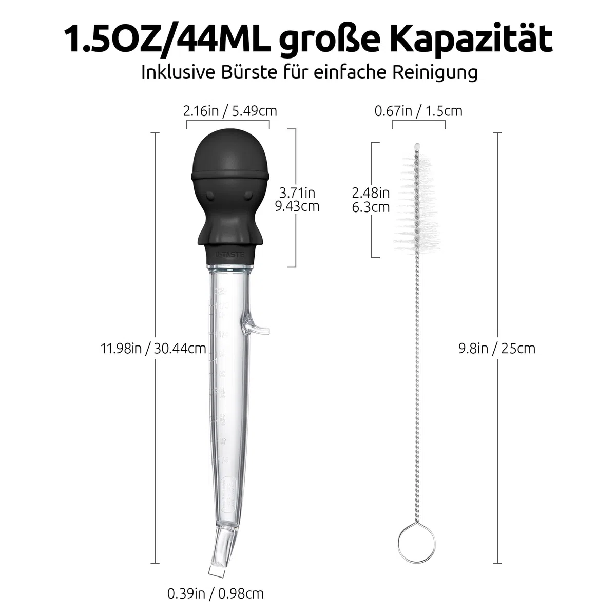 109℃ Hitzebeständige Große Abgewinkelte Bratenspritze: U-Taste Tritan Putenfleisch-Fettpipette mit Silikon Oktopus-Saugkopf und Reinigungsbürste zum Kochen Braten Begießen (1.5 OZ/44 ML, Schwarz)
