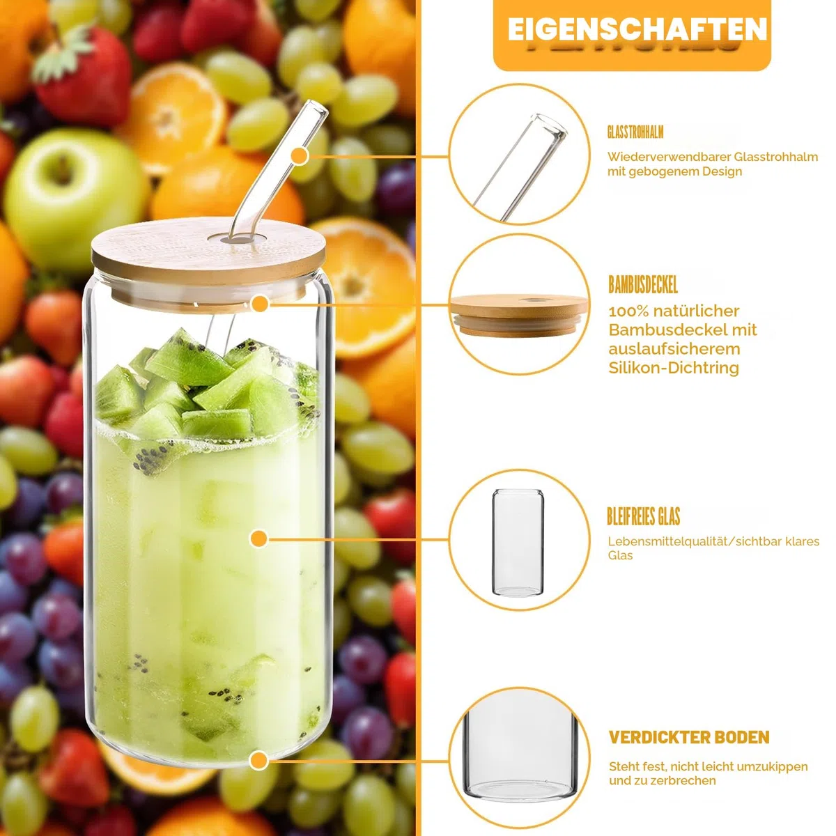 4 Stück Glas mit Deckel und Strohhalm, 500 ml/16oz Trinkglas mit Deckel, Iced Coffee Glas für Cocktails, Eiskaffee, Soda, Säfte