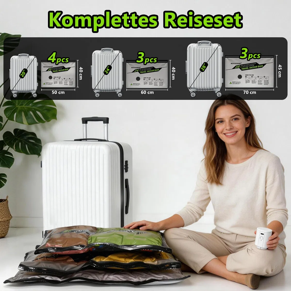 BoxLegend Vakuumbeutel für Kleidung Reise mit Kabelloser Pumpe, Vakuumbeutel 10er Set (4x 40x50cm, 3x 40x60cm, 3x 45x70cm), Abgerundete Kanten & Langseiten-Reißverschluss, Vakuumierbeutel für Koffer