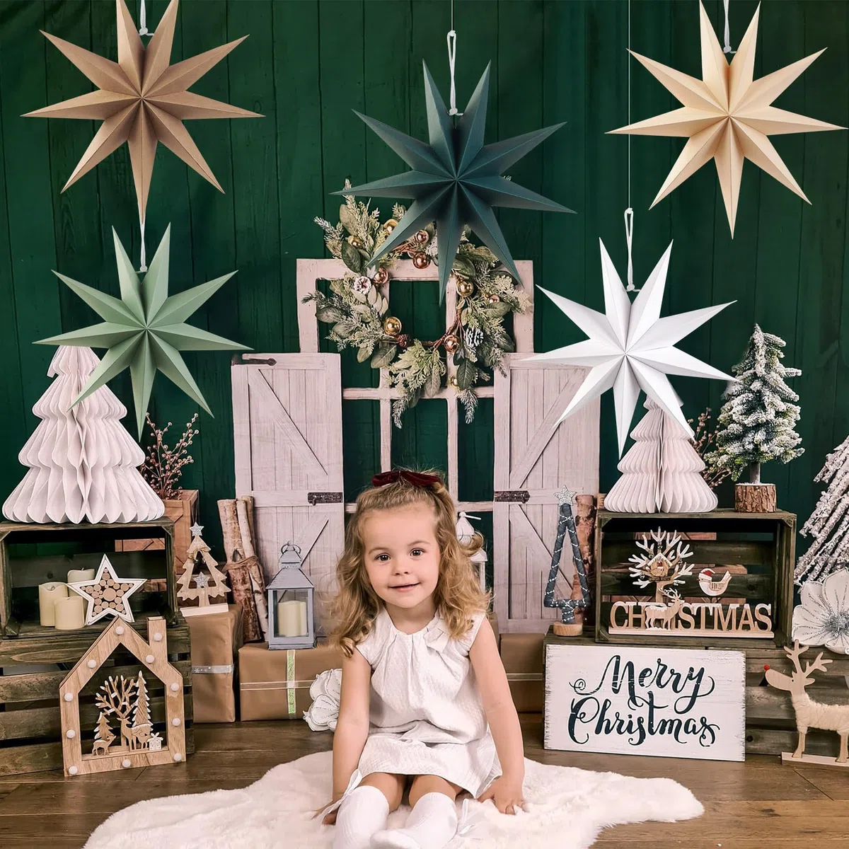 SUNBEAUTY 5er Set Papiersterne Beige 30cm Braun Faltstern Weihnachten Dekoration Dunkelgrün 9 Zacken Weiß Salbeigrün Faltsterne Party Deko für Weihnachtsdeko Hochzeit Geburtstag Tischdeko Bunt