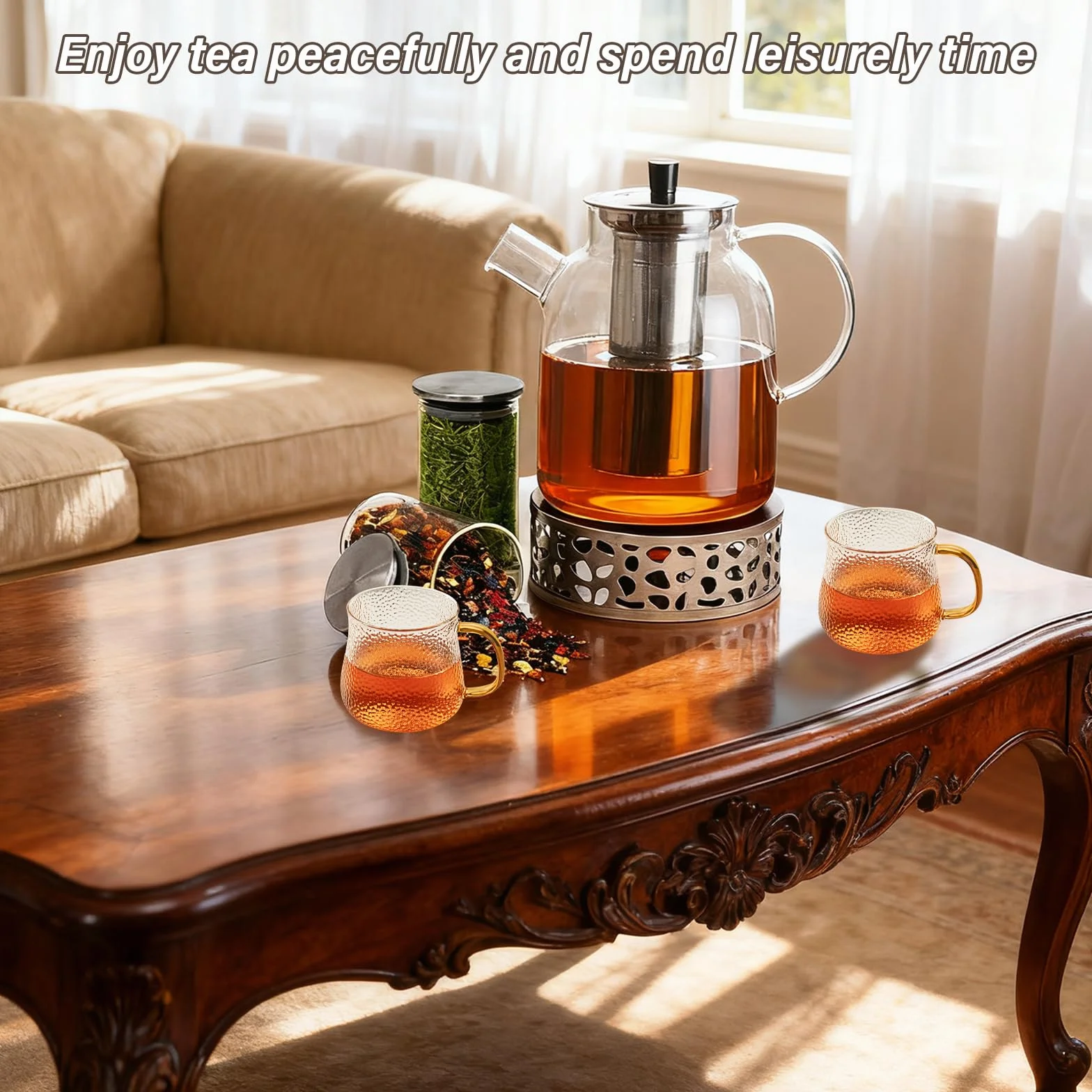 1,8 L Teekanne Glas Mit Stövchen, Teekanne Glas Mit Siebeinsatz, Teekanne Mit Sieb, Borosilikatglas Teapot Teapot, Glasteebereiter Mit Abnehmbarem Siebeinsatz