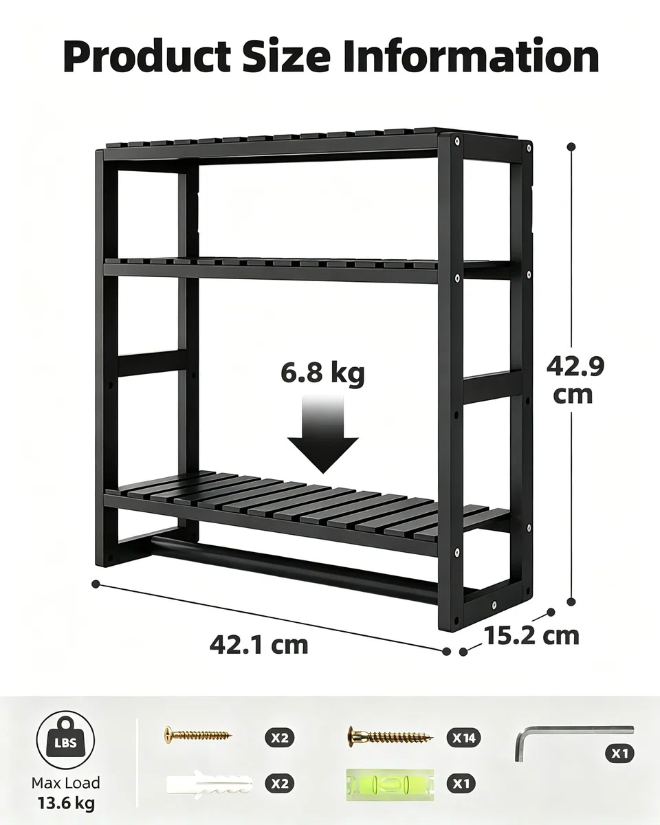 Bamworld Badezimmer Regal Bambus Regal 3-etagiges verstellbares Badregal über der Toilette mit Handtuchstange, platzsparendes WC-Regal, Badezimmermöbel, Bathroom Shelf Schwarz