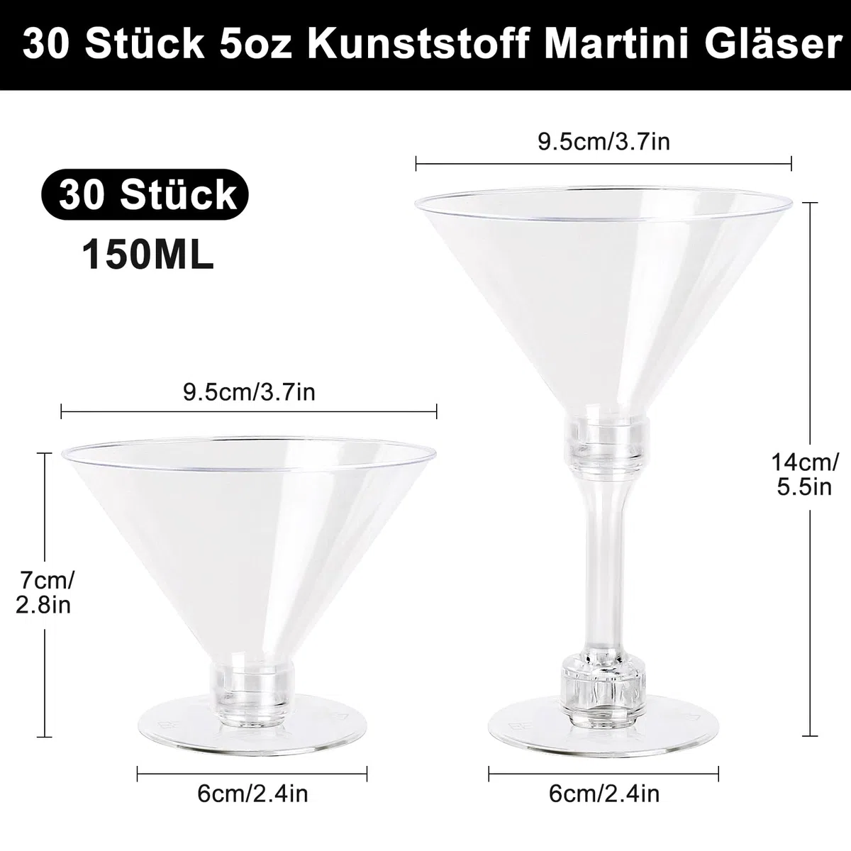 Martini Gläser Plastik Wiederverwendbar, 30er Set, 150ml Klassische Martinigläser, Cocktailgläser Martini mit Stiel, Margarita Gläser Klare für Party, Hochzeit, Geburtstag, Jahrestag
