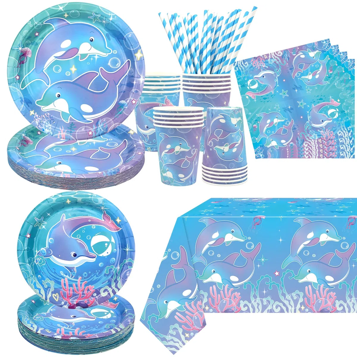 Dolphin Party Zubehör, einschließlich Teller, Servietten, Tassen, Tischdecken, für Dolphin Theme Geburtstag Baby Dusche Party Dekorationen