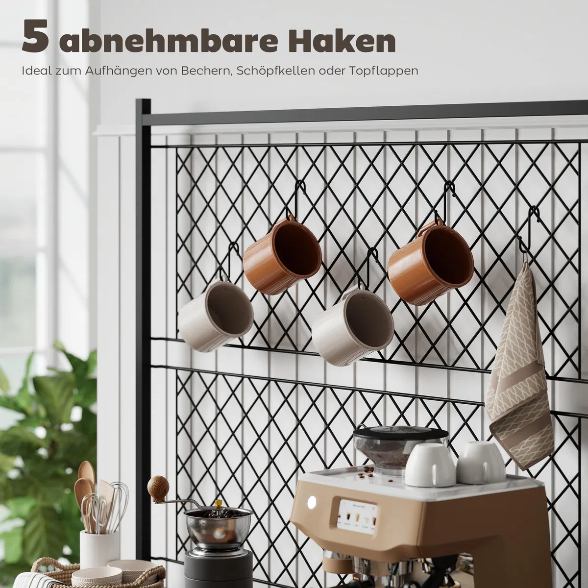 HOMCOM Küchenregal, Standregal mit 5 S-Haken, 2 Ablagen, Metallgitterpaneele, Kaffeebar mit Weinregal, Bäckerregal aus Metallrahmen, Rustikal-Braun, 96,5 x 38 x 165 cm