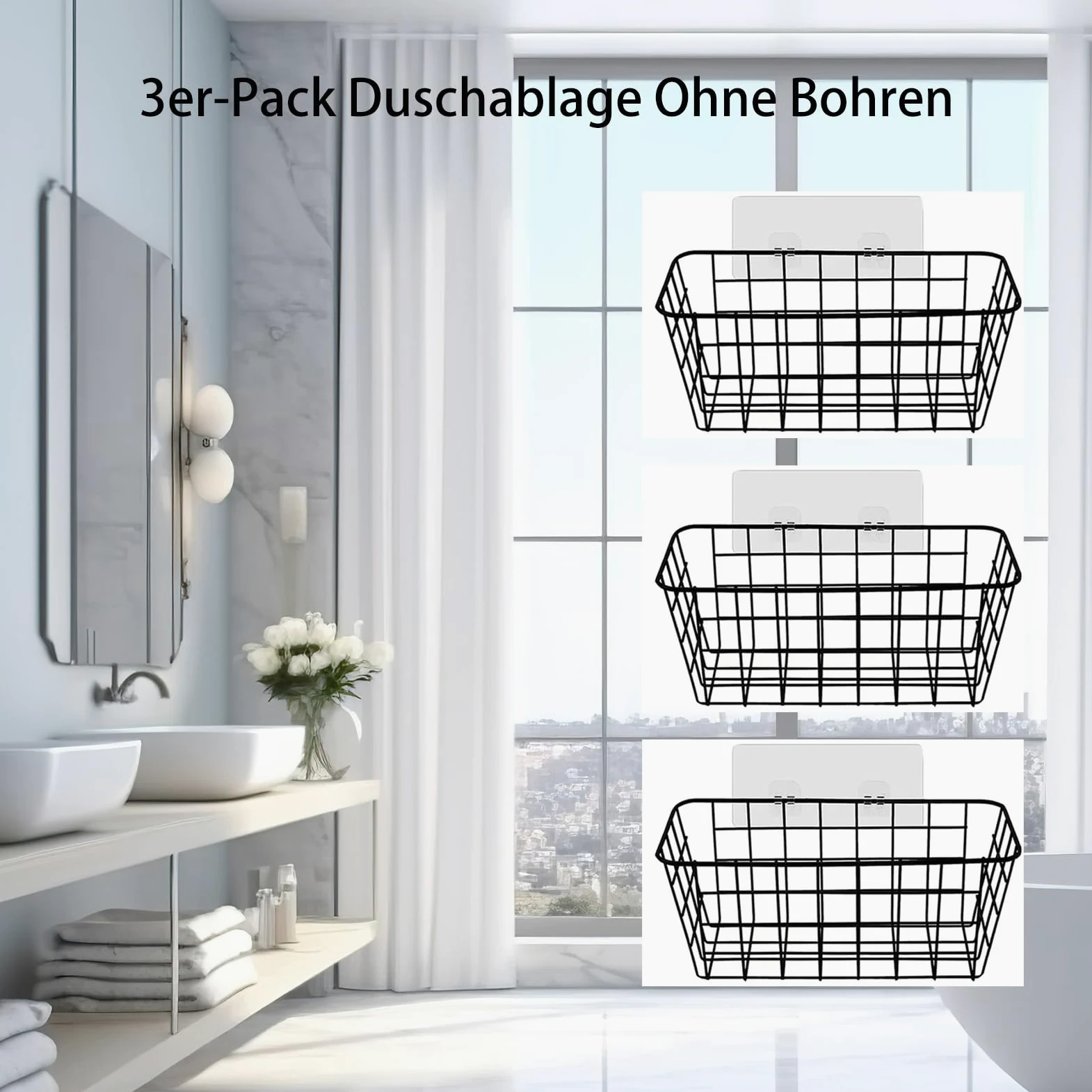 3 Stück Gitterkorb Schwarz, Drahtkorb Eckig Metallkorb Wand mit Klebehaken - 28.5 x 12.5 x 12.5 cm-Aufbewahrungskorb zum Aufhängen für Küche, Bad, Speisekammer, Büro