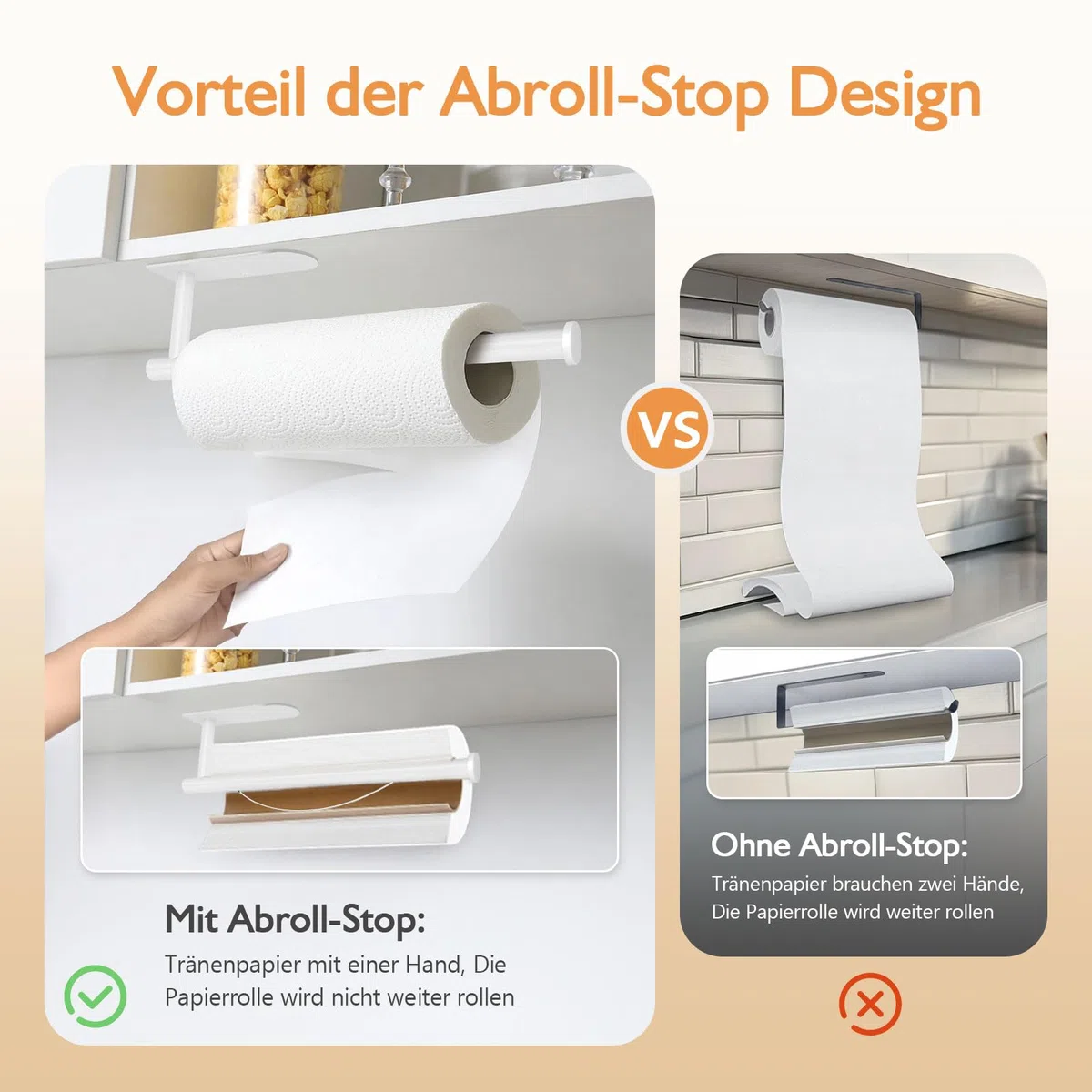 Küchenrollenhalter Ohne Bohren, Mit Abroll-Bremse Küchenpapierhalter Selbstklebend, Papierrollenhalter Edelstahl Küche Rollenhalter Wand oder Unter Schrank (Weiß)