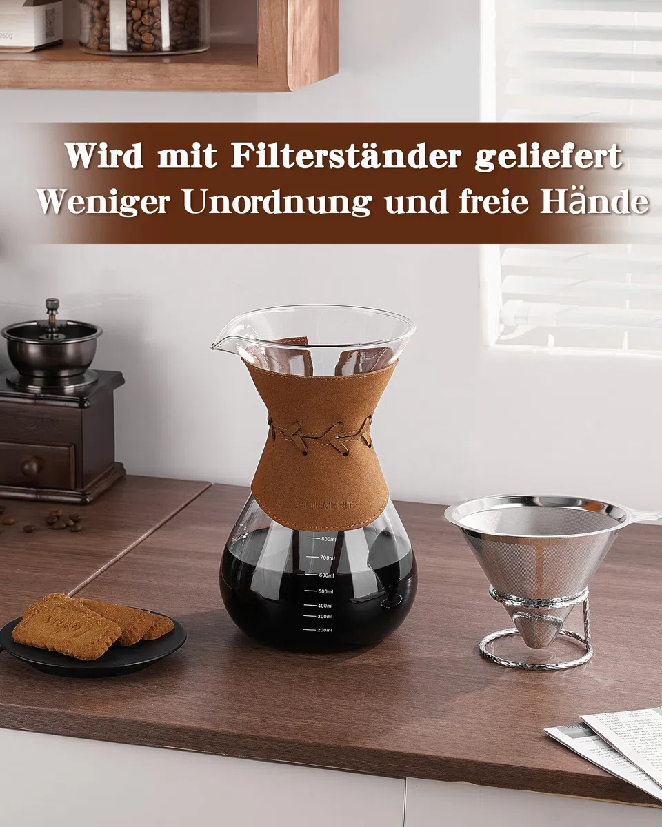 Kaffeebereiter mit Filter aus Edelstahl, 800ml Kaffeekanne für 5-6 Tassen Glas Pour Over Kaffeebrüher mit Filter Kaffee-Tropfer Brauer Kaffee