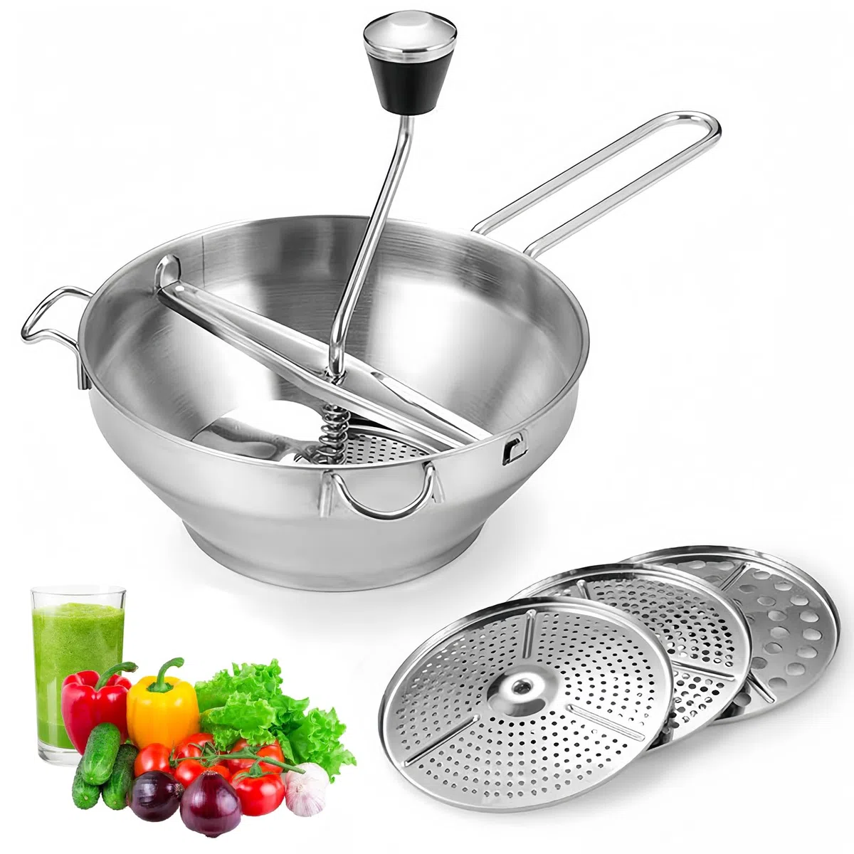 Gemüsemühle, manuell, Lebensmittelmühle aus Edelstahl mit 3 Siebenschichten, Kartoffelstampfer, Küchenmühle für Soße, Püree, Marmelade, Babynahrung