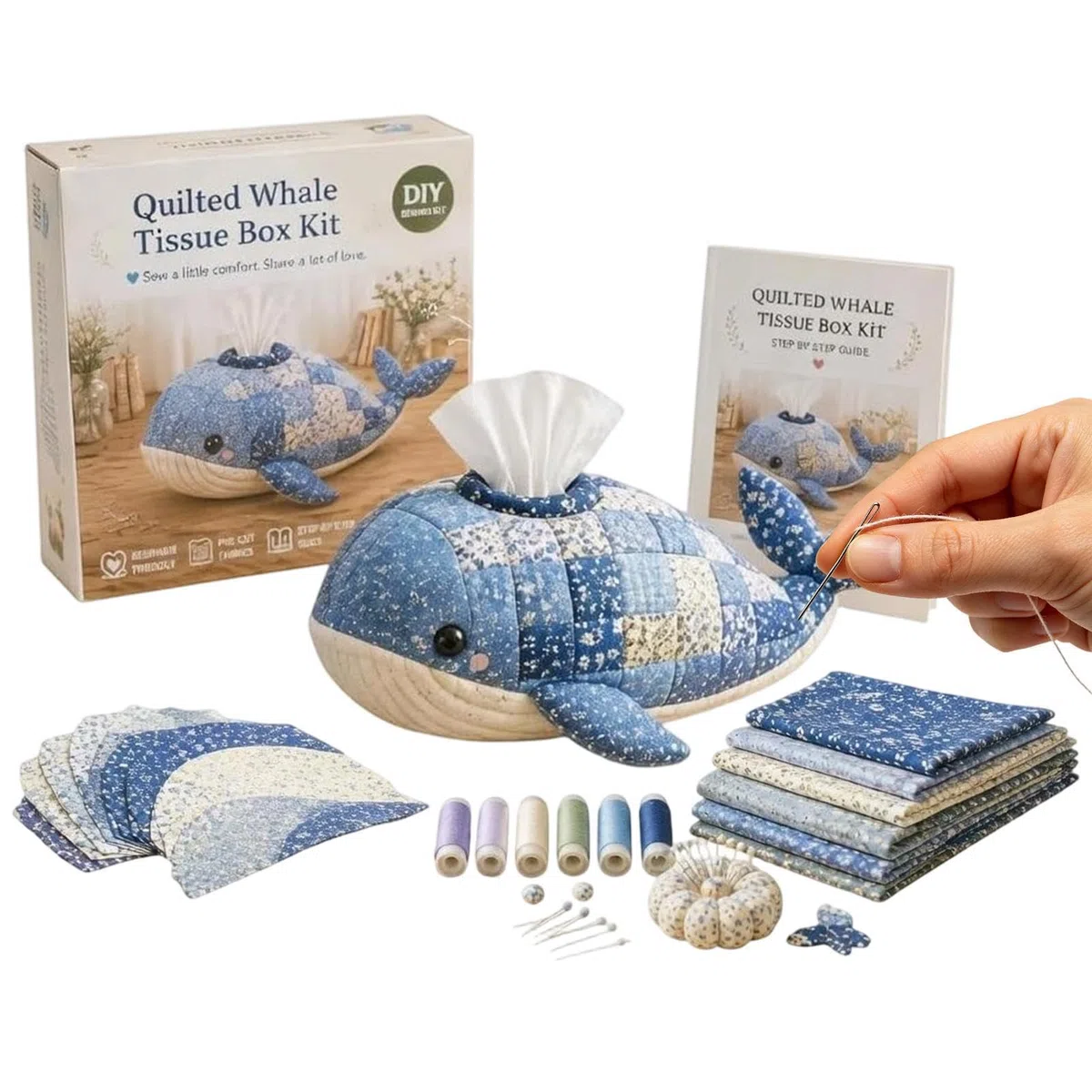 Generisch DIY-Set für gesteppte Taschentuchboxen mit Meerestieren, komplettes patchworks-Nähset mit Meerestieren, anfängerfreundliches, gestepptes Taschentuchbox-Cover-bastelsets für Erwachsene
