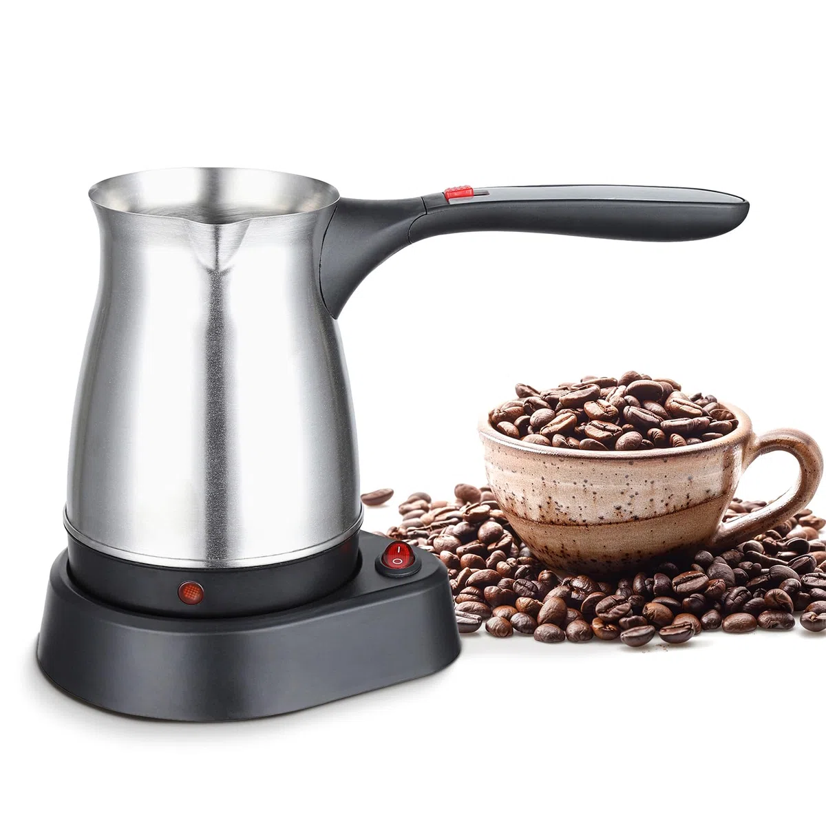 Milageto Espressokocher, 500 ml elektrische türkische Kaffeekanne, Edelstahl-Kaffeekessel, Teekessel mit Henkel, Wasserkocher für Haushalt Café Büro, Rautenmuster Silver