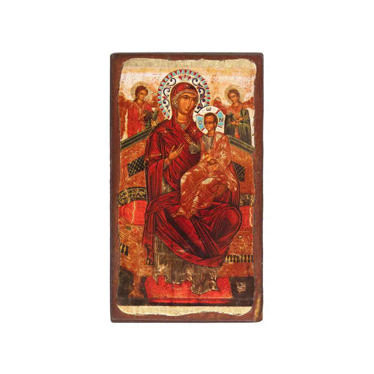 VATOPEDI MONASTERY Panagia Pantanassa 17. Jahrhundert Holz gealterte Ikone auf Leinwand mit farbigem Hintergrund vom Berg Athos (15 x 8 cm)