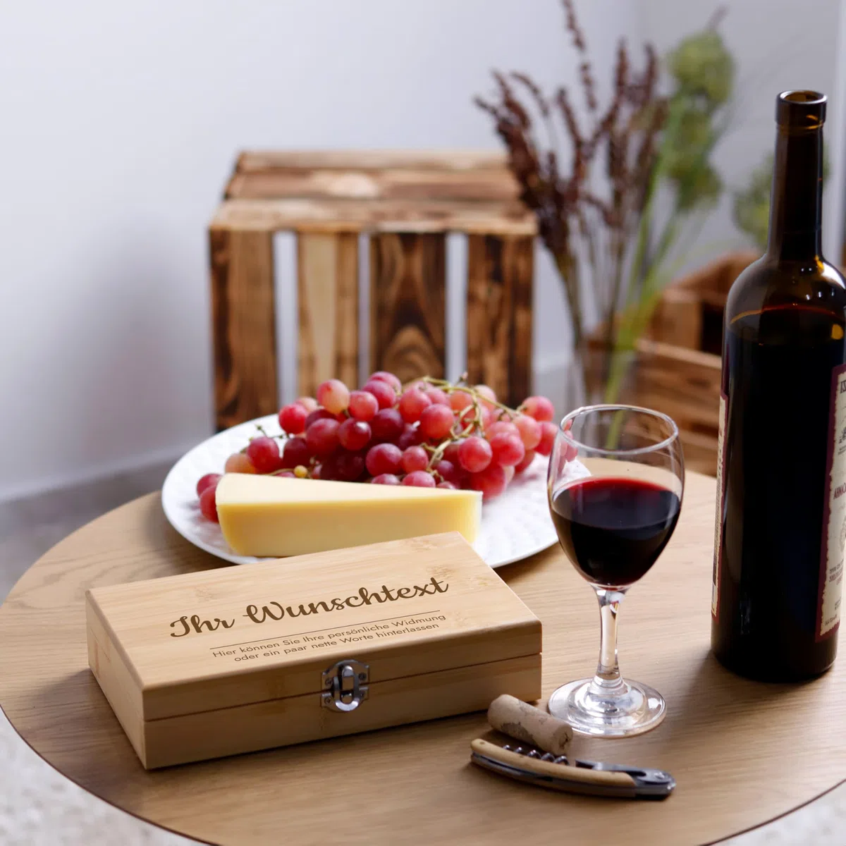 LAUBLUST Weinöffner Set Personalisiert - 5er Weinzubehörset als Sommelier Set | Wunschtext - Wein Zubehör mit Geschenkbox aus Holz | Personalisierte Geschenke für Männer mit Korkenzieher & Thermometer