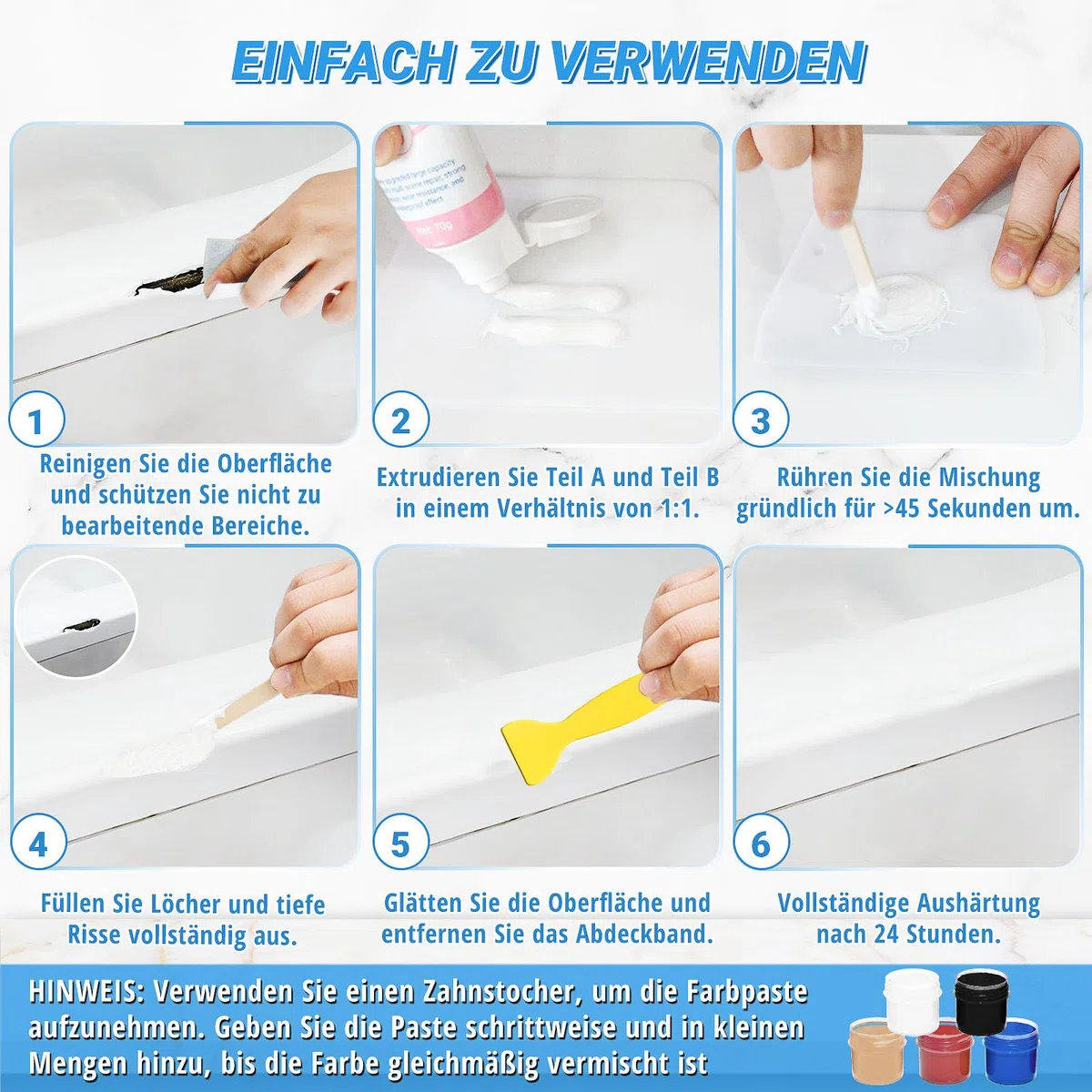 Badewannen Reparaturset Weiß 140g (Farbübereinstimmung), TUFINEIN Emaille Reparaturset für Porzellan, Keramik, Acryl, Reparatur von Rissen, Sprüngen und Löchern auf Fliesen/Waschbecken/Duschwanne
