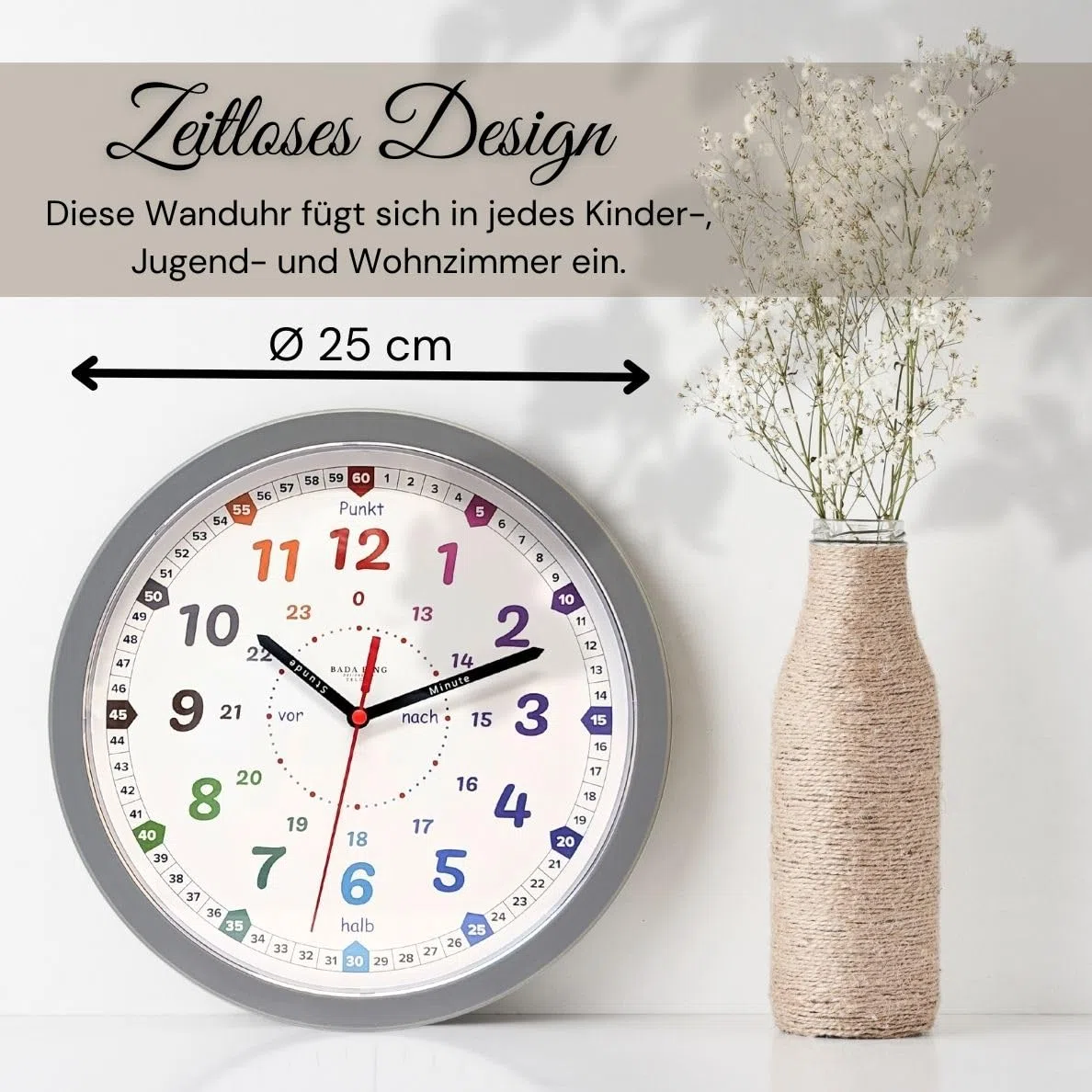 Bada Bing Montessori Wanduhr für Kinder - bruchfeste Acrylglasscheibe - Lernuhr ohne Tick Geräusch - analoge Kinderuhr zum Lernen der Uhrzeit - Kinderzimmer Mädchen, Jungen Uhr Ostergeschenk Kinder