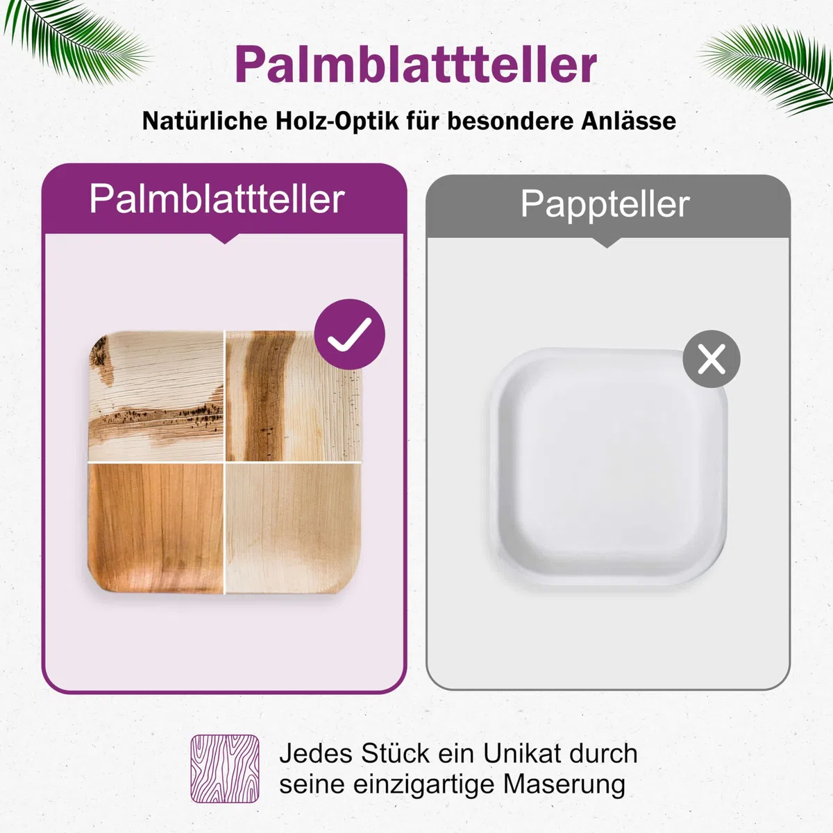 Bio Palmblattteller - 25 Einweg Teller klein eckig 15x15 cm - Premium Einweggeschirr kompostierbar - Umweltfreundliche Partyteller - Palmblatt Geschirr